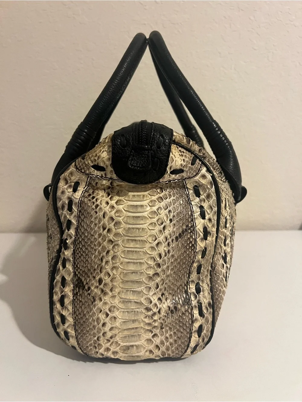 Neutral Snakeskin Satchel with Black Leather Handles